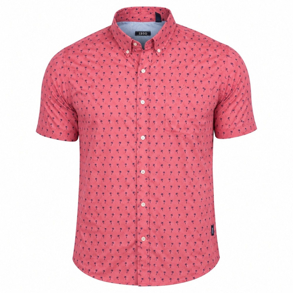 IZOD Men's Pink Palm Tree Button Up Shirt Short Sleeve XL Casual‎ Tropical